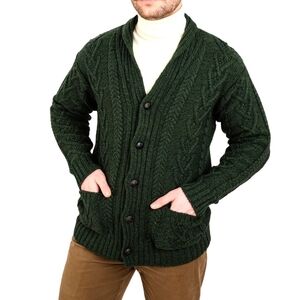SAOL MEN Swaeter Classic Green Cable Knit Cardigan Size L 100%merino Wool